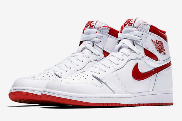 White and red Air Jordan sneakers.