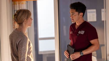 CHICAGO MED -- "Found Family" Episode 1104 -- Pictured: (l-r) Darren Barnet as Dr. John Frost, Erin Davie as Vivienne Cooper 