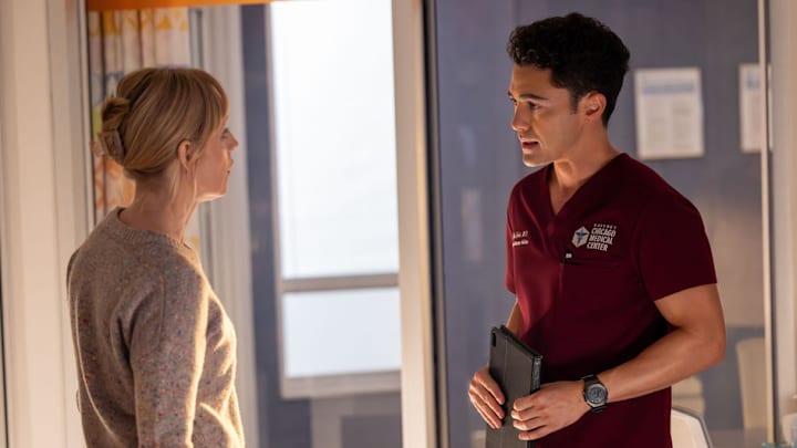 CHICAGO MED -- "Found Family" Episode 1104 -- Pictured: (l-r) Darren Barnet as Dr. John Frost, Erin Davie as Vivienne Cooper 
