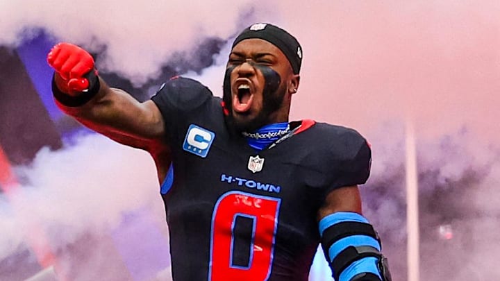 Jan 4, 2026; Houston, Texas, USA; Houston Texans linebacker Azeez al-Shaair (0) is introduced before playing against the Indianapolis Colts at NRG Stadium. Mandatory Credit: Thomas Shea-Imagn Images