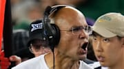 Sep 14, 2024; Waco, Texas, USA; Baylor Bears head coach Dave Aranda speaks with his team during a break in play against the Air Force Falcons during the second half at McLane Stadium. Mandatory Credit: Chris Jones-Imagn Images
