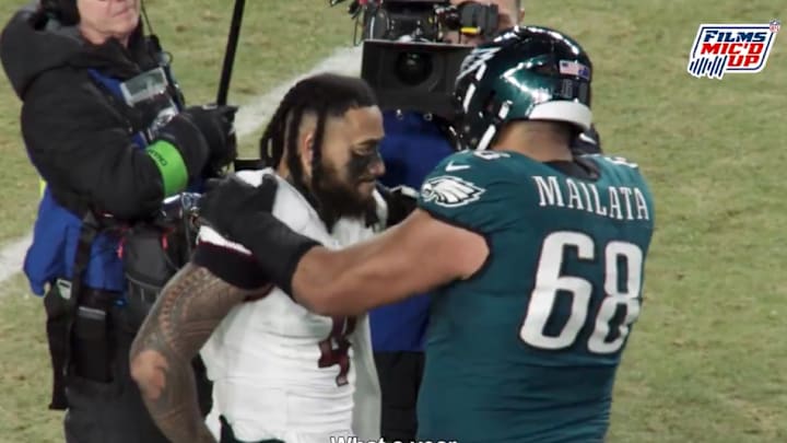 Jordan Mailata and Frankie Luvu shared a special moment after Sunday's NFC title game. Jordan Mailata and Frankie Luvu shared a special moment after Sunday's NFC title game.