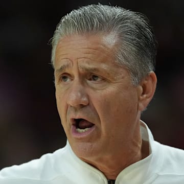 Arkansas Razorbacks coach John Calipari during the Oct. 24 exhibition matchup against the Cincinnati Bearcats at Bud Walton Arena in Fayetteville. The Hogs topped Cincy by 28 points and won by 24 at Memphis in their final exhibition Monday.