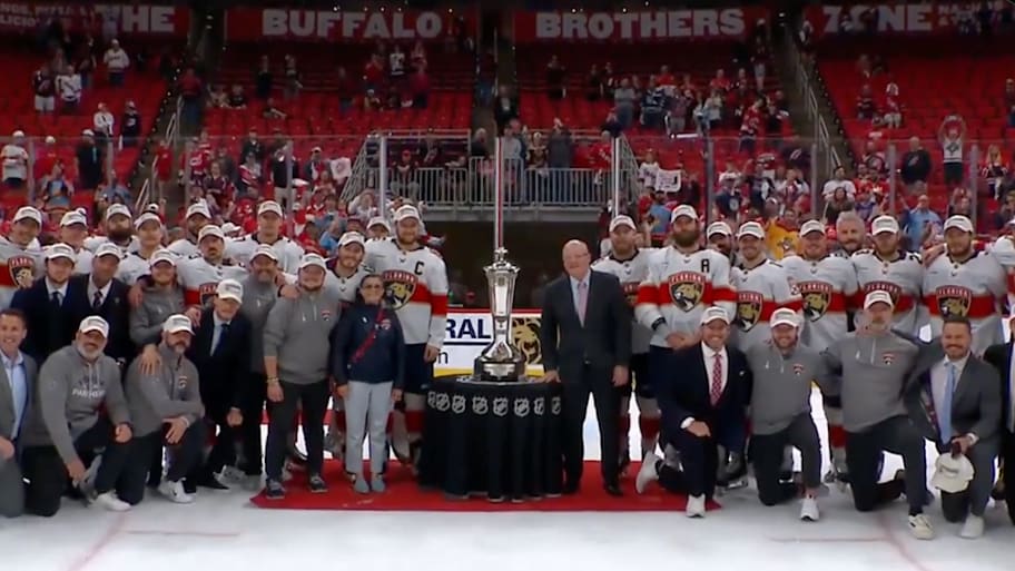 Florida Panthers celebrate winning the Eastern Conference after defeating the Carolina Hurricanes in Game 5 of the Eastern Conference finals.  | Screenshot via GinoHard on X