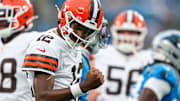 Shedeur Sanders threw two touchdown passes in the first half of his first preseason game for the Browns.