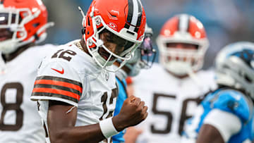 Shedeur Sanders threw two touchdown passes in the first half of his first preseason game for the Browns.
