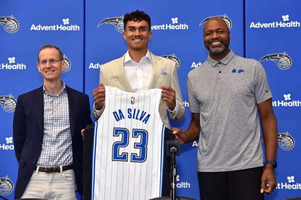 Tristan da Silva is introduced by Magic PBO Jeff Weltman and head coach Jamahl Mosley.