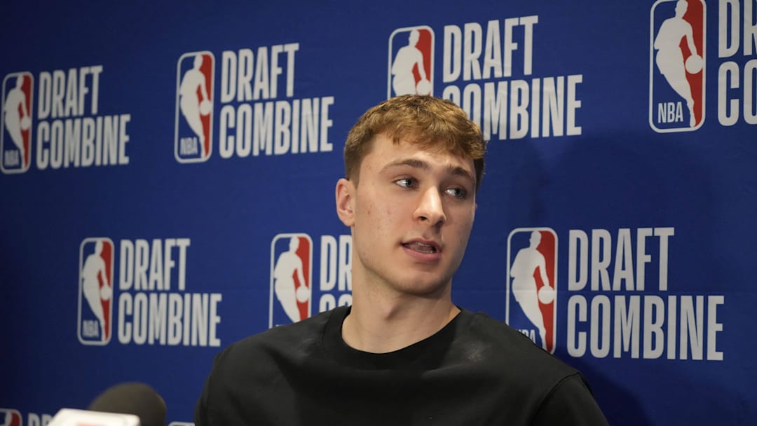 May 14, 2025; Cooper Flagg talks to the media during the 2025 NBA Draft Combine. Mandatory Credit: David Banks-Imagn Images