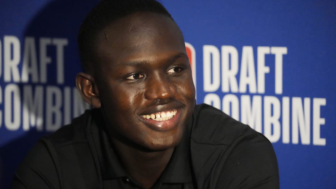 May 14, 2025; Chicago, Il, USA; Khaman Maluach talks to the media during the 2025 NBA Draft Combine at Marriott Marquis Chicago. Mandatory Credit: David Banks-Imagn Images