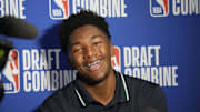 May 14, 2025; Chicago, Il, USA; Derik Queen talks to the media during the 2025 NBA Draft Combine at Marriott Marquis Chicago. Mandatory Credit: David Banks-Imagn Images