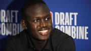 May 14, 2025; Chicago, Il, USA; Khaman Maluach talks to the media during the 2025 NBA Draft Combine at Marriott Marquis Chicago. Mandatory Credit: David Banks-Imagn Images