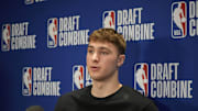 May 14, 2025; Chicago, Il, USA; Cooper Flagg talks to the media during the 2025 NBA Draft Combine at Marriott Marquis Chicago. Mandatory Credit: David Banks-Imagn Images