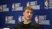 May 14, 2025; Chicago, Il, USA; Cooper Flagg talks to the media during the 2025 NBA Draft Combine at Marriott Marquis Chicago. Mandatory Credit: David Banks-Imagn Images