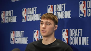 May 14, 2025; Chicago, Il, USA; Cooper Flagg talks to the media during the 2025 NBA Draft Combine at Marriott Marquis Chicago. Mandatory Credit: David Banks-Imagn Images