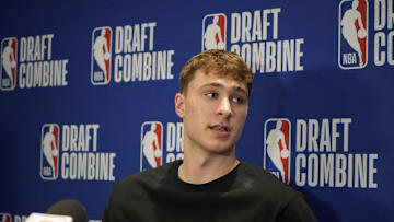 May 14, 2025; Chicago, Il, USA; Cooper Flagg talks to the media during the 2025 NBA Draft Combine at Marriott Marquis Chicago. Mandatory Credit: David Banks-Imagn Images