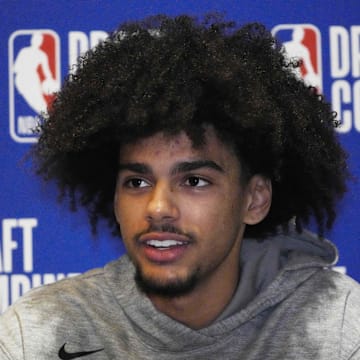 May 14, 2025; Chicago, Il, USA; Asa Newell talks to the media during the 2025 NBA Draft Combine at Marriott Marquis Chicago. Mandatory Credit: David Banks-Imagn Images
