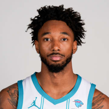 Oct 2, 2023; Charlotte, North Carolina, USA;  Charlotte Hornets Leaky Black (12) poses for a photo during Charlotte Hornets Media Day at the Spectrum Center. Mandatory Credit: Jim Dedmon-USA TODAY Sports