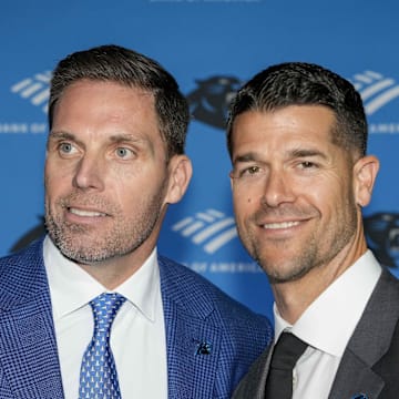 Feb 1, 2024; Charlotte, NC, USA;  Carolina Panthers new general manager Dan Morgan and new head coach Dave Canales stand for a photo during the introductory press conference at Bank of America Stadium. Mandatory Credit: Jim Dedmon-Imagn Images