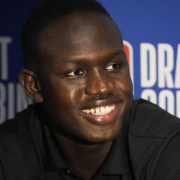 Khaman Maluach talks to the media during the NBA Draft Combine at Marriott Marquis Chicago.