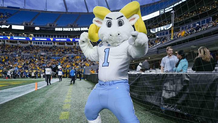 Dec 27, 2023; Charlotte, NC, USA; North Carolina Tar Heels mascot Ramses during the first half against the West Virginia Mountaineers at Bank of America Stadium. Mandatory Credit: Jim Dedmon-Imagn Images