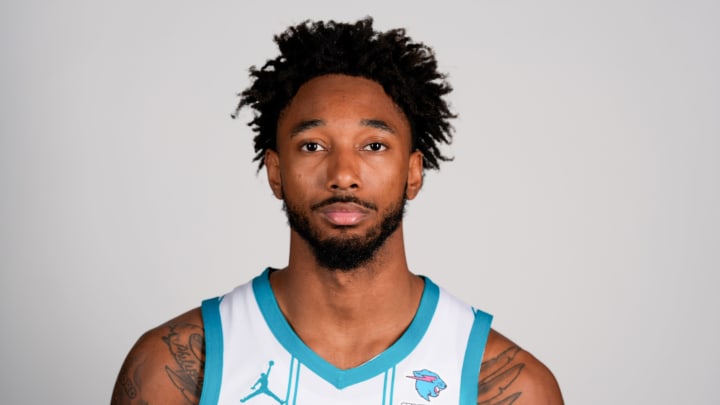 Oct 2, 2023; Charlotte, North Carolina, USA;  Charlotte Hornets Leaky Black (12) poses for a photo during Charlotte Hornets Media Day at the Spectrum Center. Mandatory Credit: Jim Dedmon-USA TODAY Sports