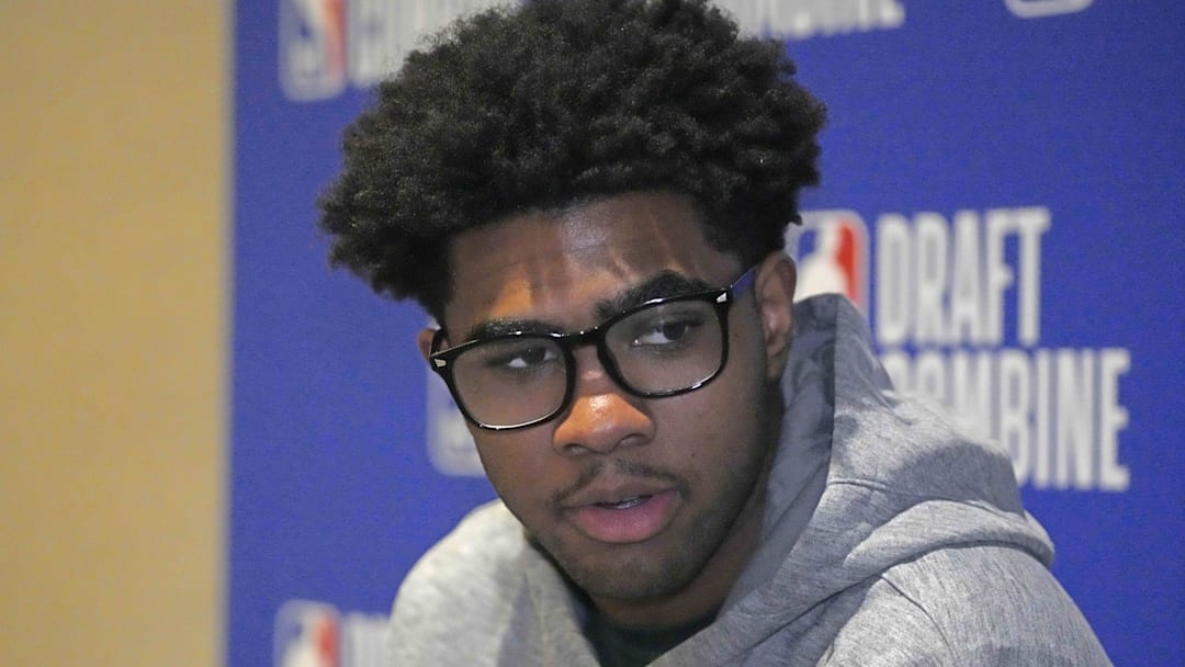 May 14, 2025; Chicago, Il, USA; Jase Richardson talks to the media during the 2025 NBA Draft Combine at Marriott Marquis Chicago. Mandatory Credit: David Banks-Imagn Images