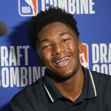 May 14, 2025; Chicago, Il, USA; Derik Queen talks to the media during the 2025 NBA Draft Combine at Marriott Marquis Chicago. Mandatory Credit: David Banks-Imagn Images