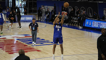 May 13, 2025; Chicago, Il, USA; Dylan Harper (29) participates in the 2025 NBA Draft Combine at Wintrust Arena. Mandatory Credit: David Banks-Imagn Images