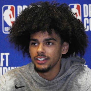 May 14, 2025; Chicago, Il, USA; Asa Newell talks to the media during the 2025 NBA Draft Combine at Marriott Marquis Chicago. Mandatory Credit: David Banks-Imagn Images