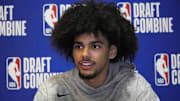 May 14, 2025; Chicago, Il, USA; Asa Newell talks to the media during the 2025 NBA Draft Combine at Marriott Marquis Chicago. Mandatory Credit: David Banks-Imagn Images