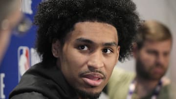 May 14, 2025; Chicago, Il, USA; Dylan Harper talks to the media during the 2025 NBA Draft Combine at Marriott Marquis Chicago. Mandatory Credit: David Banks-Imagn Images