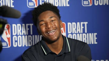 May 14, 2025; Chicago, Il, USA; Derik Queen talks to the media during the 2025 NBA Draft Combine at Marriott Marquis Chicago. Mandatory Credit: David Banks-Imagn Images