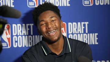 May 14, 2025; Chicago, Il, USA; Derik Queen talks to the media during the 2025 NBA Draft Combine at Marriott Marquis Chicago. Mandatory Credit: David Banks-Imagn Images
