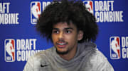 May 14, 2025; Chicago, Il, USA; Asa Newell talks to the media during the 2025 NBA Draft Combine at Marriott Marquis Chicago. Mandatory Credit: David Banks-Imagn Images