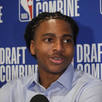 May 14, 2025; Chicago, Il, USA; Collin Murray-Boyles talks to the media during the 2025 NBA Draft Combine at Marriott Marquis Chicago. Mandatory Credit: David Banks-Imagn Images