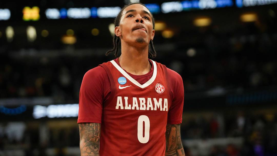 Mar 27, 2026; Chicago, IL, USA; Alabama Crimson Tide guard Labaron Philon Jr. (0) looks on after a Sweet Sixteen game of the Midwest Regional of the men's 2026 NCAA Tournament against the Michigan Wolverines at United Center. Mandatory Credit: David Banks-Imagn Images
