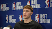 Cooper Flagg talks to the media during the 2025 NBA Draft Combine at Marriott Marquis Chicago. 
