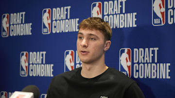Cooper Flagg talks to the media during the 2025 NBA Draft Combine at Marriott Marquis Chicago. 