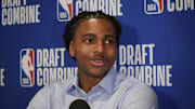 May 14, 2025; Chicago, Il, USA; Collin Murray-Boyles talks to the media during the 2025 NBA Draft Combine at Marriott Marquis Chicago. Mandatory Credit: David Banks-Imagn Images