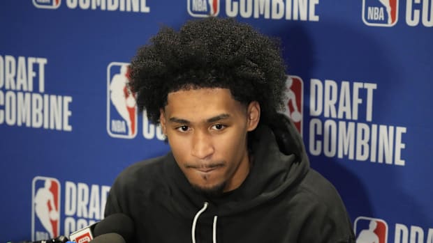 Dylan Harper speaks to the media during the combination of the NBA 2025 draft at the Marriott Marquis Chicago. Compulsory credit