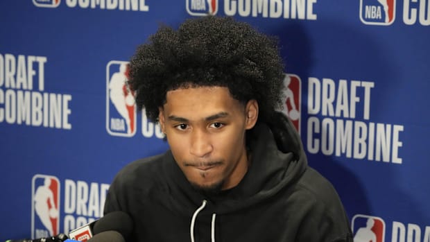 Dylan Harper speaks to the media during the combination of the NBA 2025 draft at the Marriott Marquis Chicago. Compulsory credit