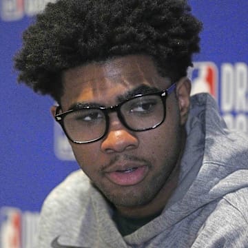 May 14, 2025; Chicago, Il, USA; Jase Richardson talks to the media during the 2025 NBA Draft Combine at Marriott Marquis Chicago. Mandatory Credit: David Banks-Imagn Images