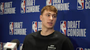 Cooper Flagg talks to the media during the 2025 NBA Draft Combine at Marriott Marquis Chicago. 