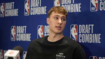 Cooper Flagg talks to the media during the 2025 NBA Draft Combine at Marriott Marquis Chicago. 
