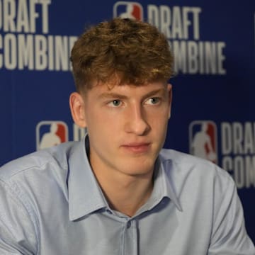May 14, 2025; Chicago, Il, USA; Kasparas Jakucionis talks to the media during the 2025 NBA Draft Combine at Marriott Marquis Chicago. Mandatory Credit: David Banks-Imagn Images