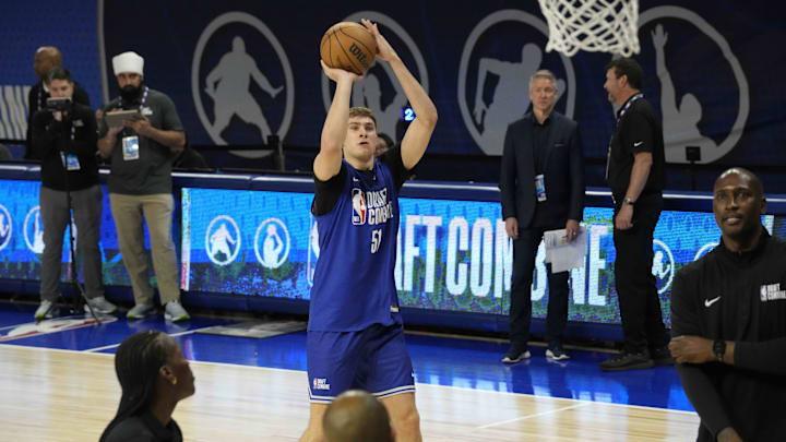 Cooper Flagg participates in the 2025 NBA Draft Combine at Wintrust Arena. 