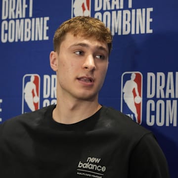 May 14, 2025; Chicago, Il, USA; Cooper Flagg talks to the media during the 2025 NBA Draft Combine at Marriott Marquis Chicago. Mandatory Credit: David Banks-Imagn Images