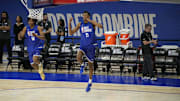 May 13, 2025; Chicago, Il, USA; Ace Bailey (21) and Tre Johnson (56) participate in the 2025 NBA Draft Combine at Wintrust Arena.