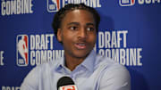 May 14, 2025; Chicago, Il, USA; Collin Murray-Boyles talks to the media during the 2025 NBA Draft Combine at Marriott Marquis Chicago. Mandatory Credit: David Banks-Imagn Images