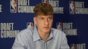 May 14, 2025; Chicago, Il, USA; Kasparas Jakucionis talks to the media during the 2025 NBA Draft Combine at Marriott Marquis Chicago. Mandatory Credit: David Banks-Imagn Images